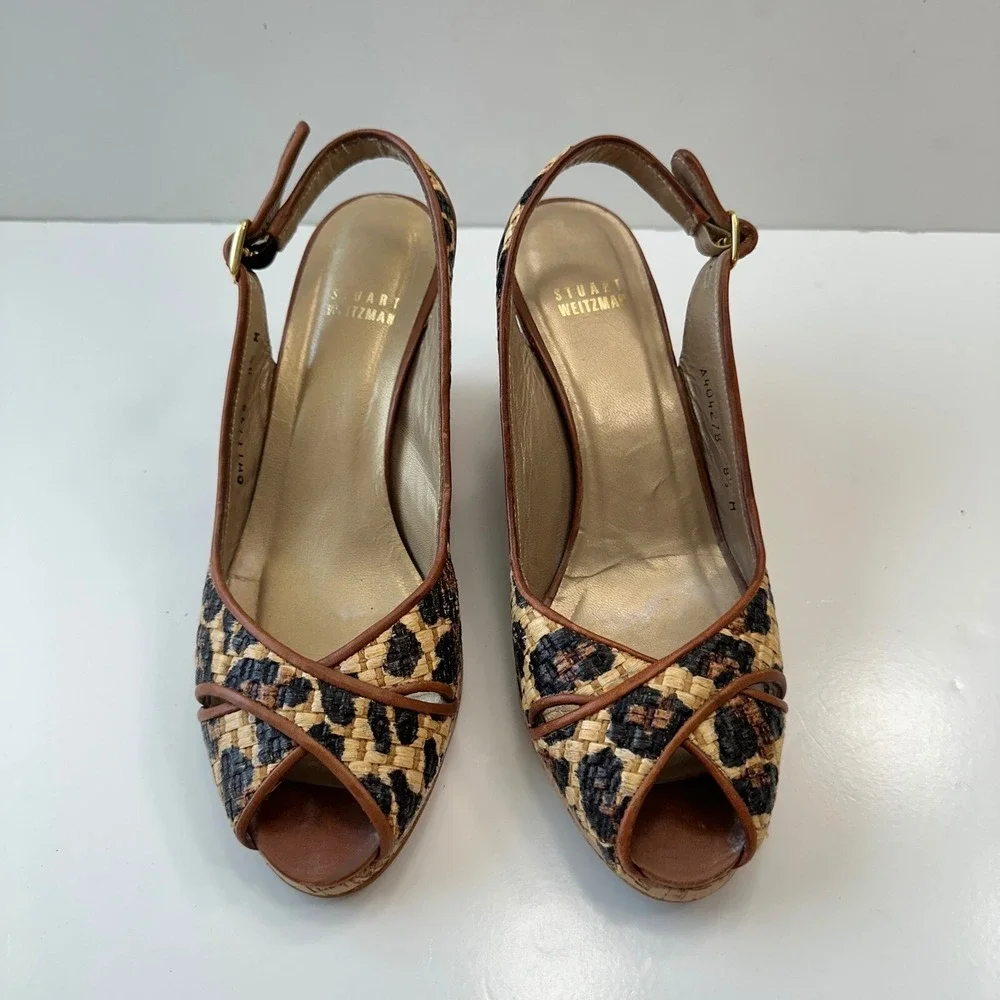 Stuart Weitzman Espadrille Wedge Sandals Leopard‎ Print Peep Toe Womens 8.5
